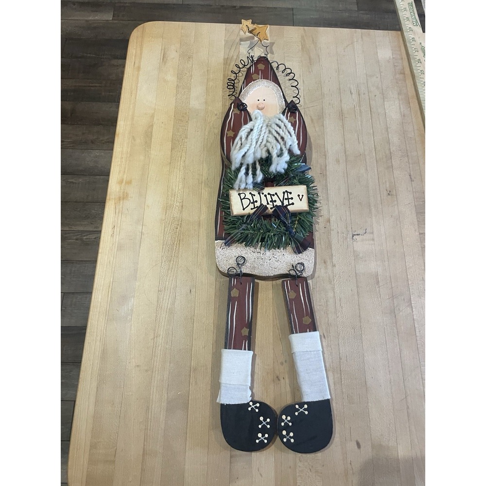 Vtg Wooden Wired Santa Claus Believe Wreath Folk Art Primitive Wall Hanging 23"